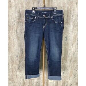 Silver Suki Mid Capri Denim Blue Jeans Sz 28x22 Dark Wash Cuffed Stretch EUC